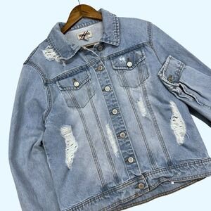 Vintage‎ DENIM BLVD Womens Distressed Denim Trucker Jacket Light Wash Y2K Size L
